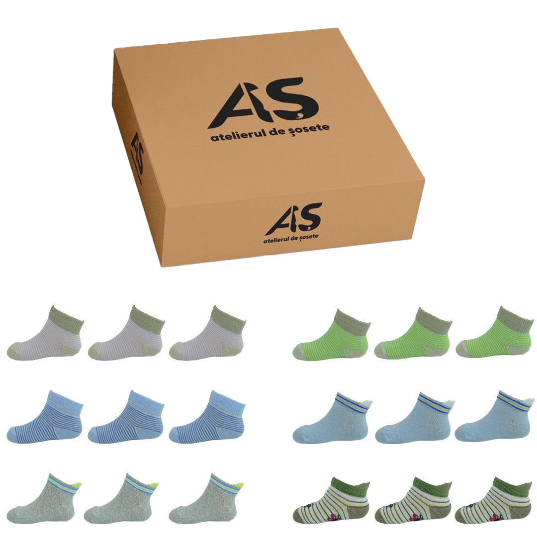 Cutia de Șosete din bumbac, 18 perechi pentru Copii Nounascuti „Model Scurt ”-Multicolor