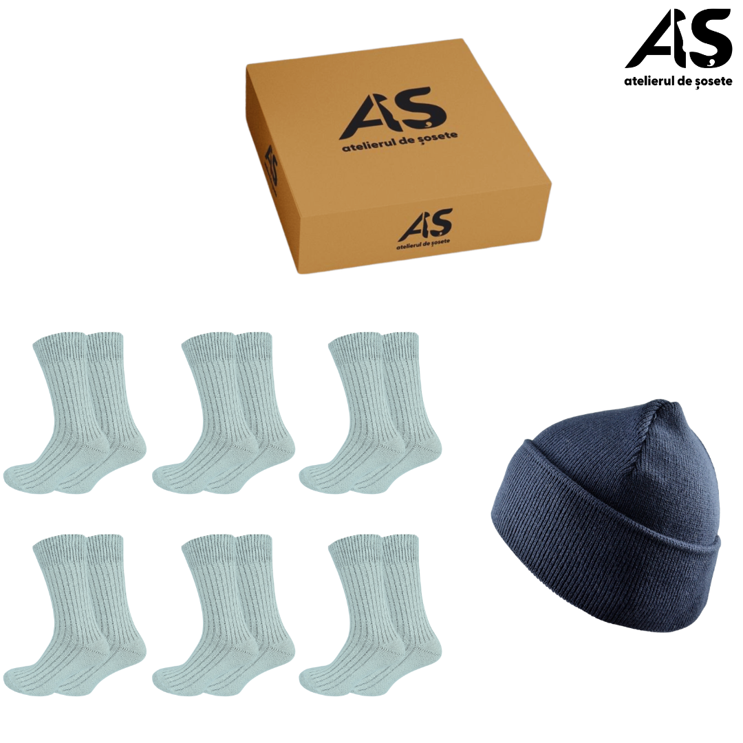 Set Șosete Groase Bărbați Lână & Bumbac + Fes – 6 Perechi