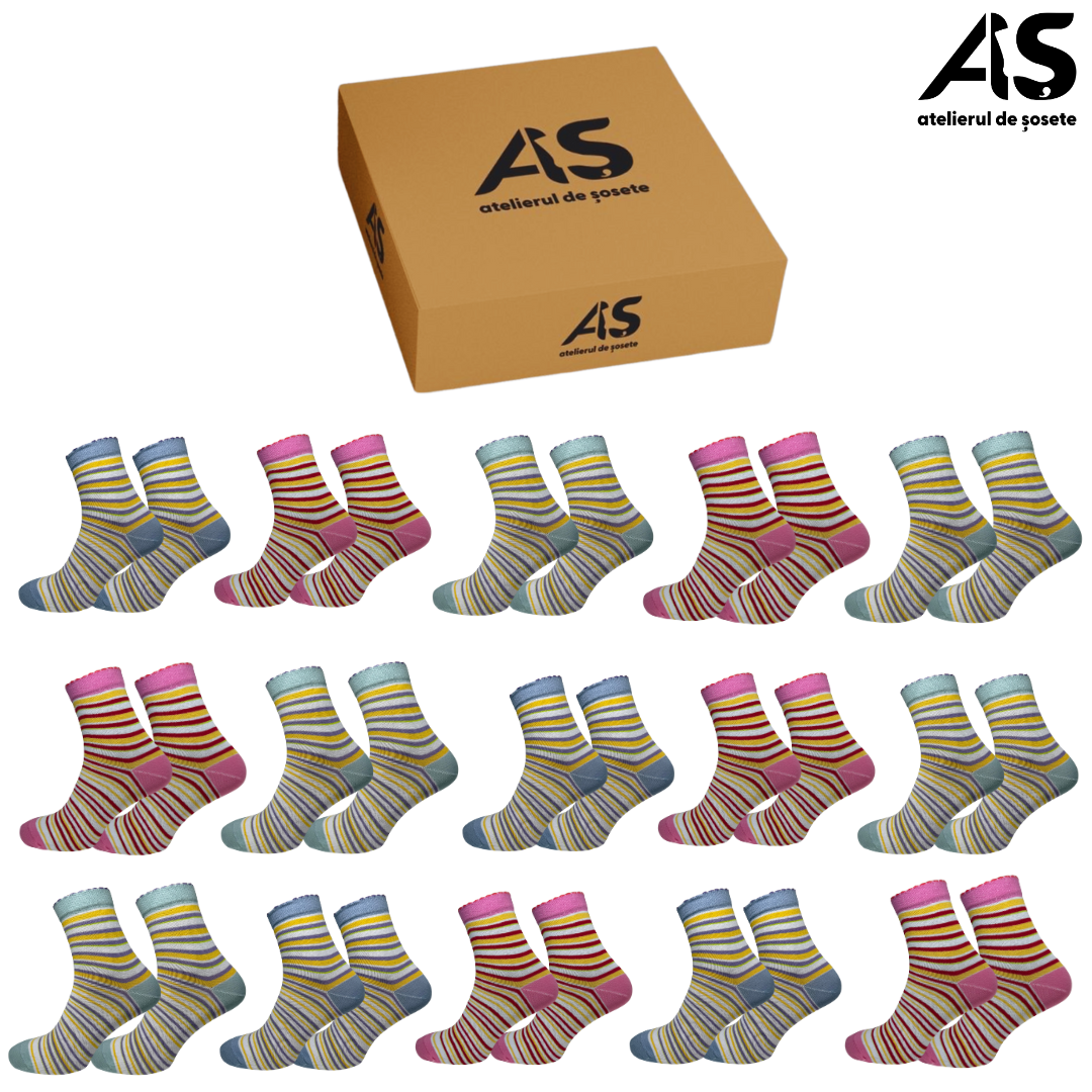 Cutie cu Șosete Damă – 15 Perechi cu Dungi | Bumbac Confortabil
