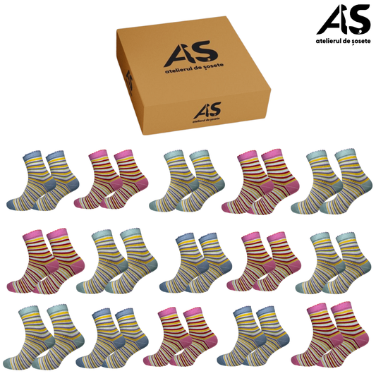 Cutie cu Șosete Damă – 15 Perechi cu Dungi | Bumbac Confortabil