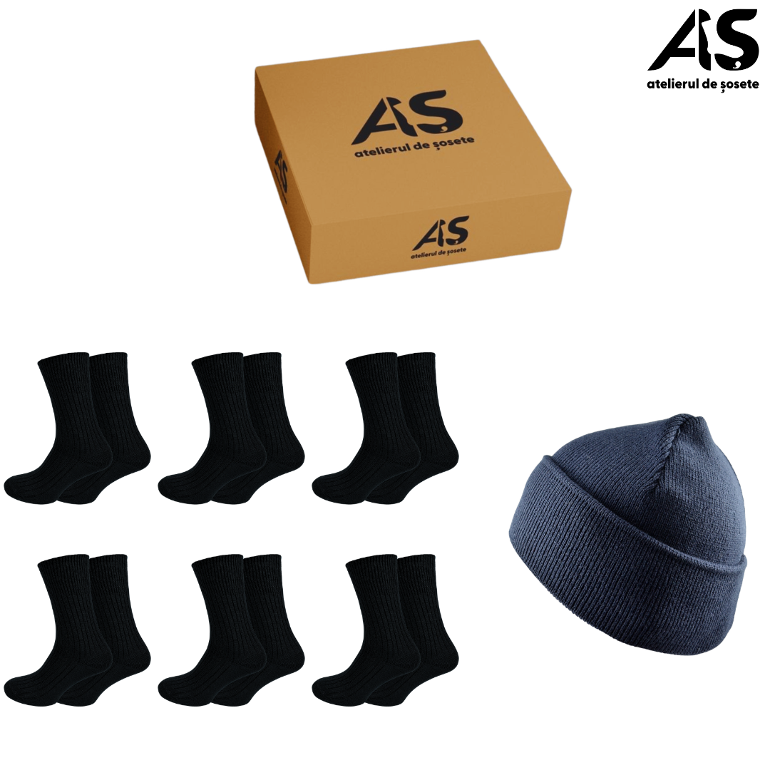 Set Șosete Groase Bărbați Lână & Bumbac + Fes – 6 Perechi