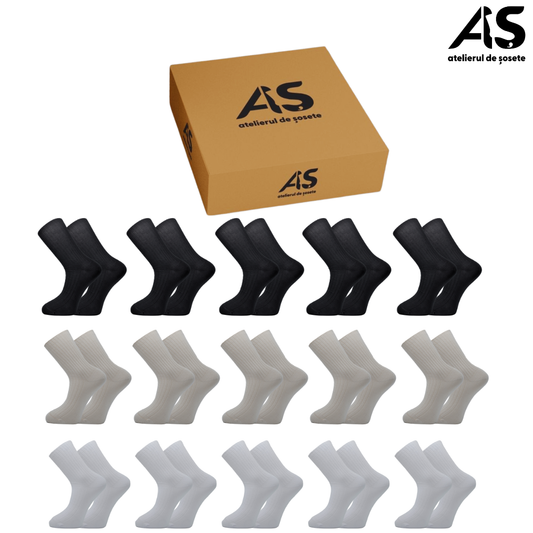 Cutie Șosete Medicinale Damă 100% Bumbac – Fără Elastic, Multicolor (Negru, Bej, Alb), 15 Perechi